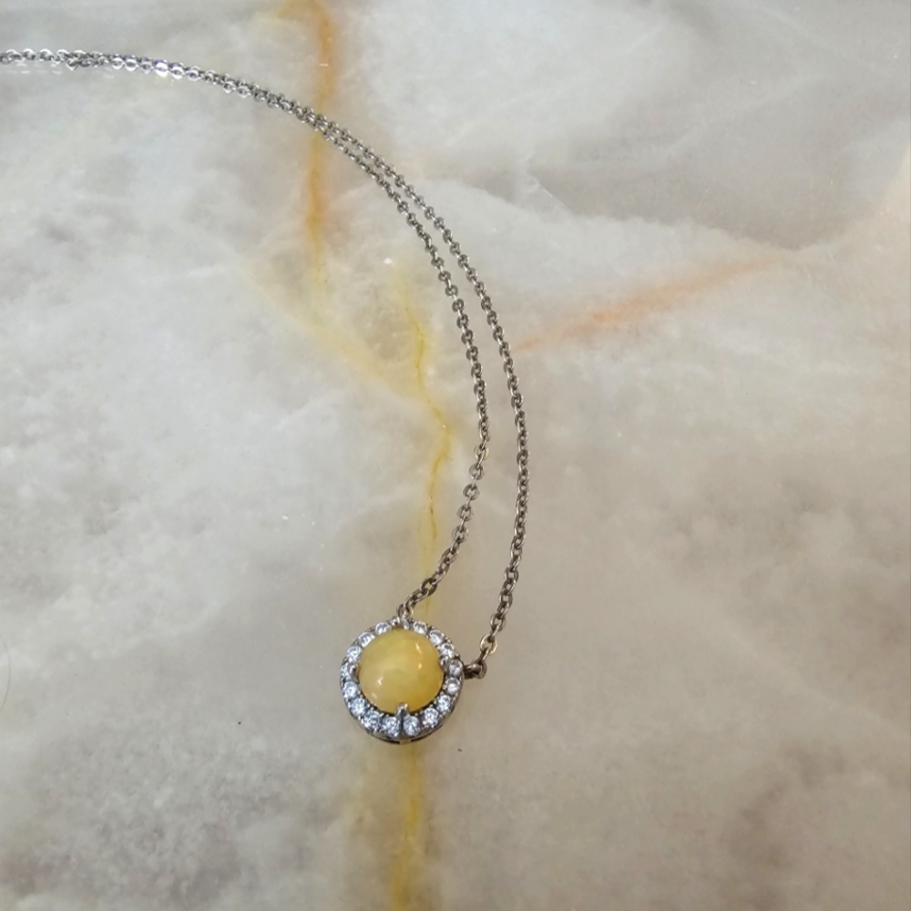 Yellow Opal Cabochon and CZ 925 Silver Necklace